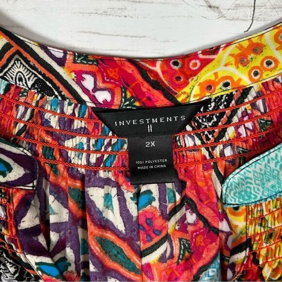 Investments ll Tunic Colorful Bright Smocked Neckline Button Placket Top 2X - Picture 4 of 8